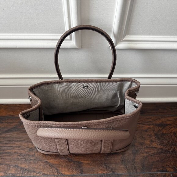 Leather Handbag Small Tote Taupe Silver Horse Carriage Taupe Logo - Picture 9 of 9